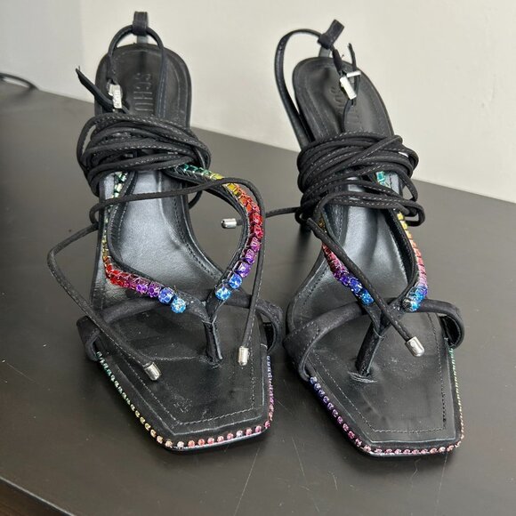 NEW Schutz Vikki Crystal Sandal Rainbow Gems Black Nubuck Straps Size 10 - Picture 8 of 15